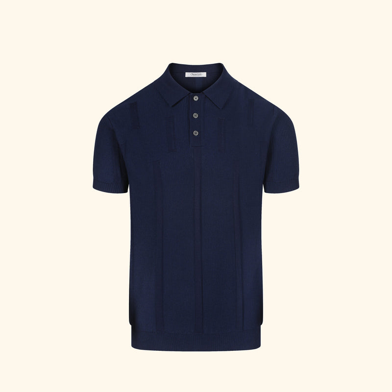 Positano knit polo in Navy, front view, plain fine knit, buttoned placket