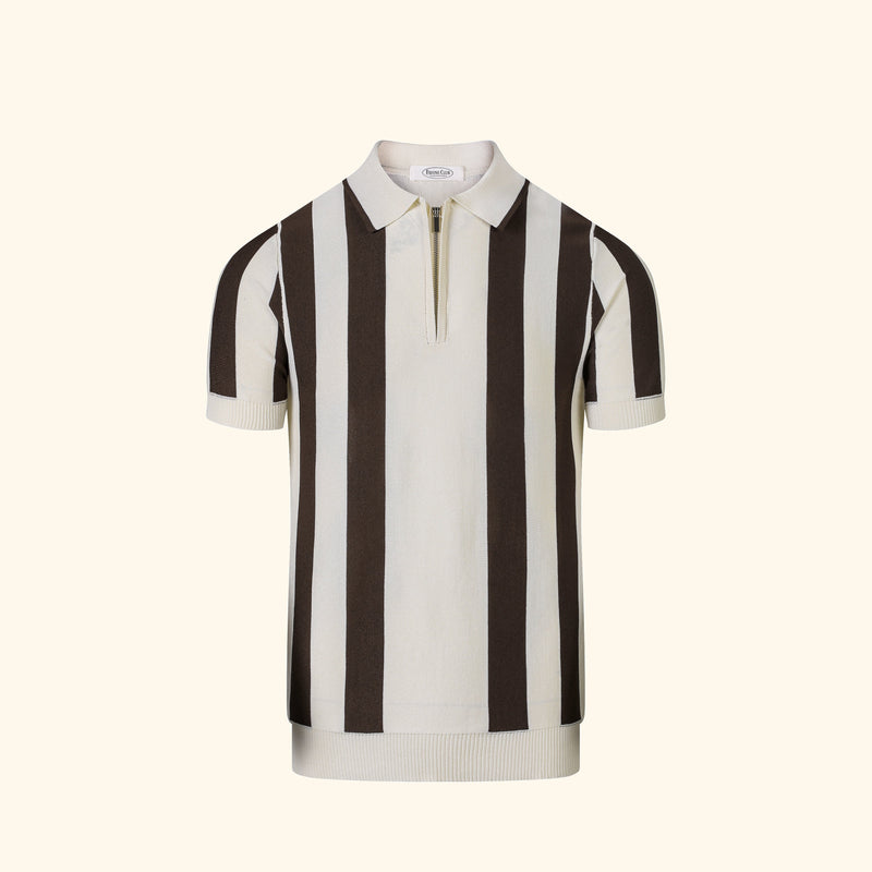 Portofino knit polo in Blush, front view, wide vertical panel, short zip