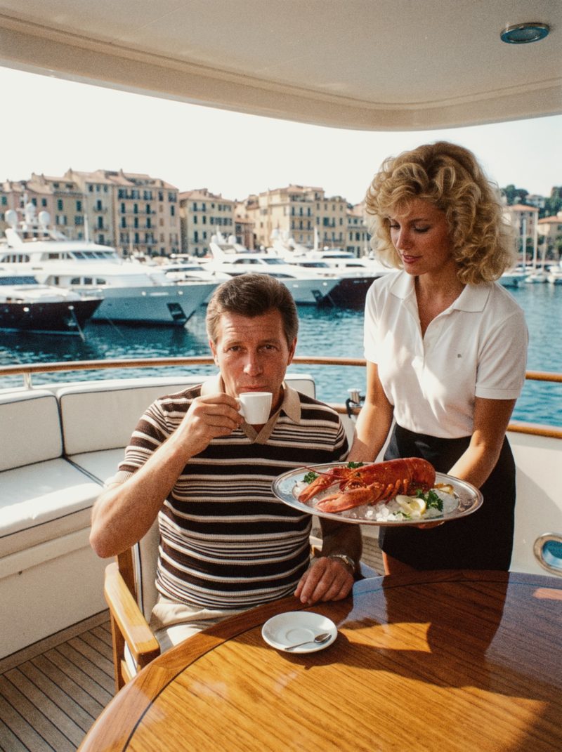 A striped knit polo at a harbour table
