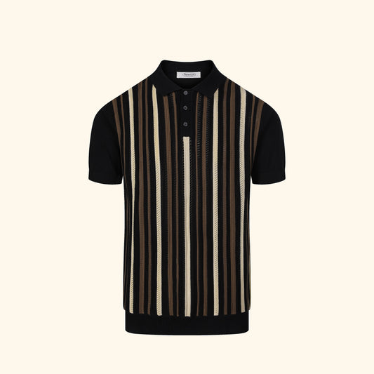 Cannes knit polo in Ink, front view, narrow vertical stripe, buttoned placket