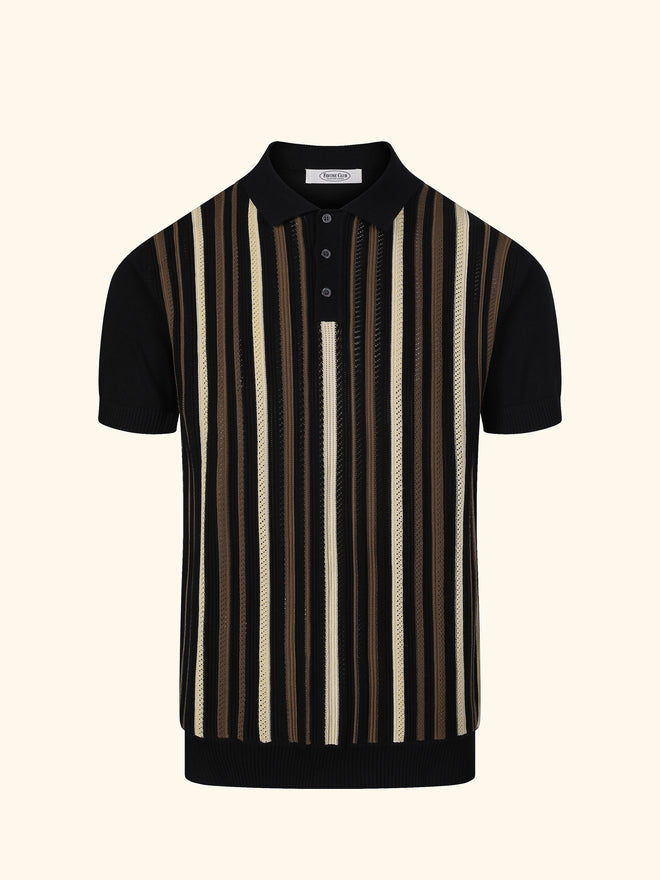 Cannes knit polo in Ink, front view, narrow vertical stripe, buttoned placket