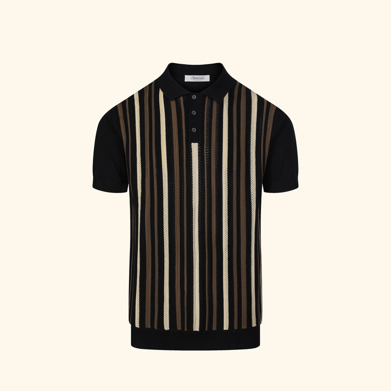 Cannes knit polo in Ink, front view, narrow vertical stripe, buttoned placket