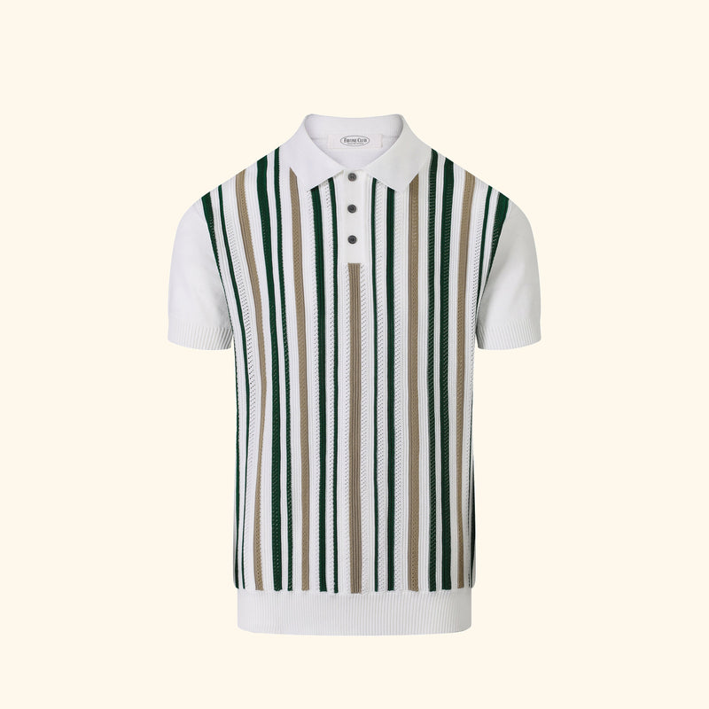 Cannes knit polo in Ivory, front view, narrow vertical stripe, buttoned placket