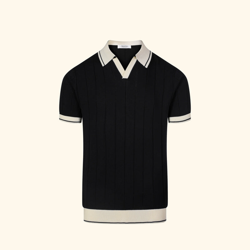 Porto Cervo knit polo in Ink, front view, ribbed body, open v collar, contrast edge