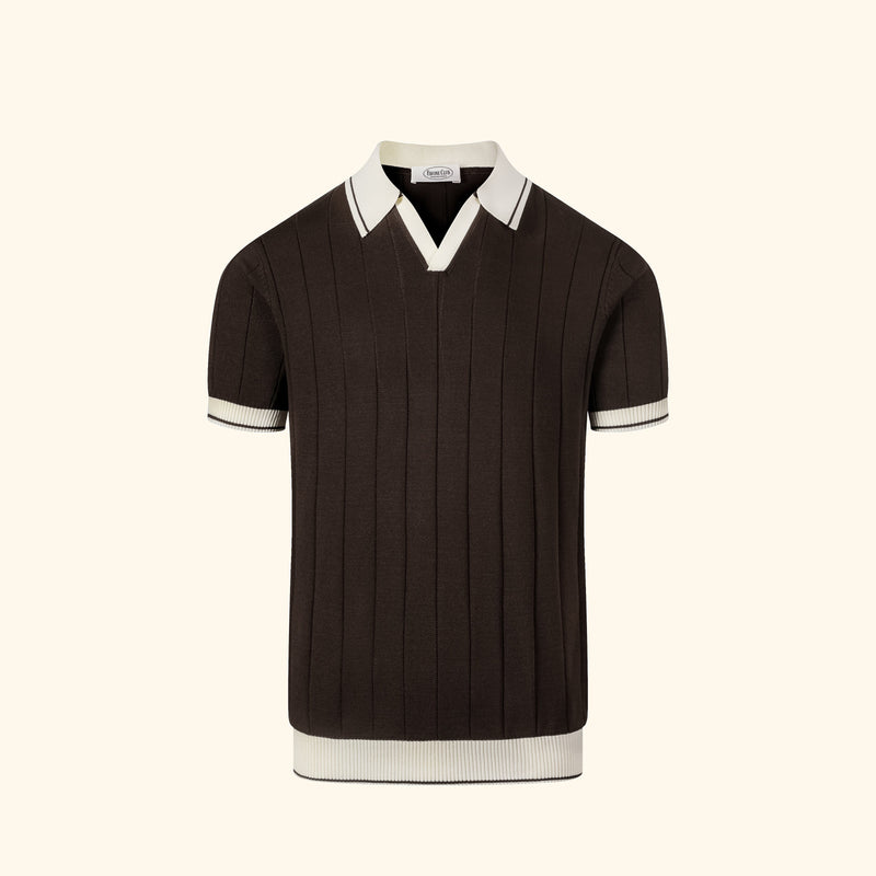 Porto Cervo knit polo in Espresso, front view, ribbed body, open v collar, contrast edge