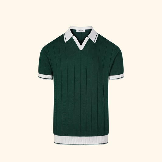 Porto Cervo knit polo in Cypress, front view, ribbed body, open v collar, contrast edge