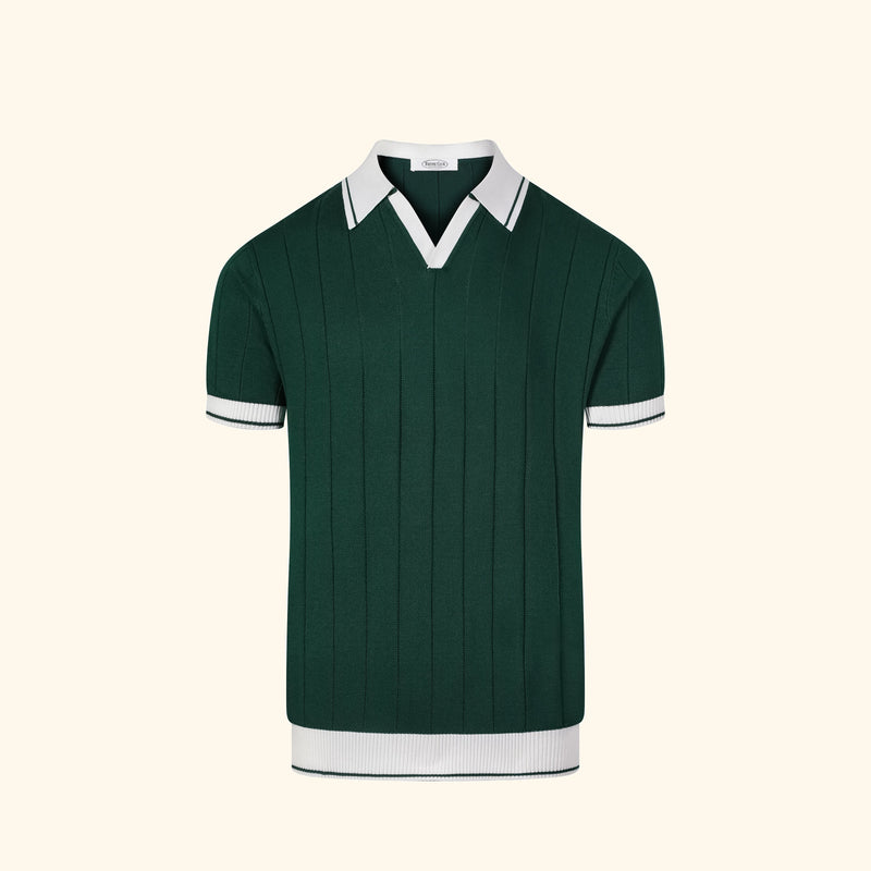 Porto Cervo knit polo in Cypress, front view, ribbed body, open v collar, contrast edge