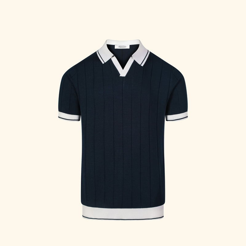 Porto Cervo knit polo in Navy, front view, ribbed body, open v collar, contrast edge