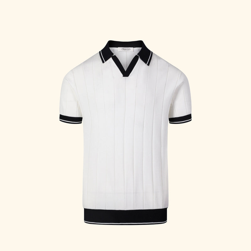 Porto Cervo knit polo in Ivory, front view, ribbed body, open v collar, contrast edge