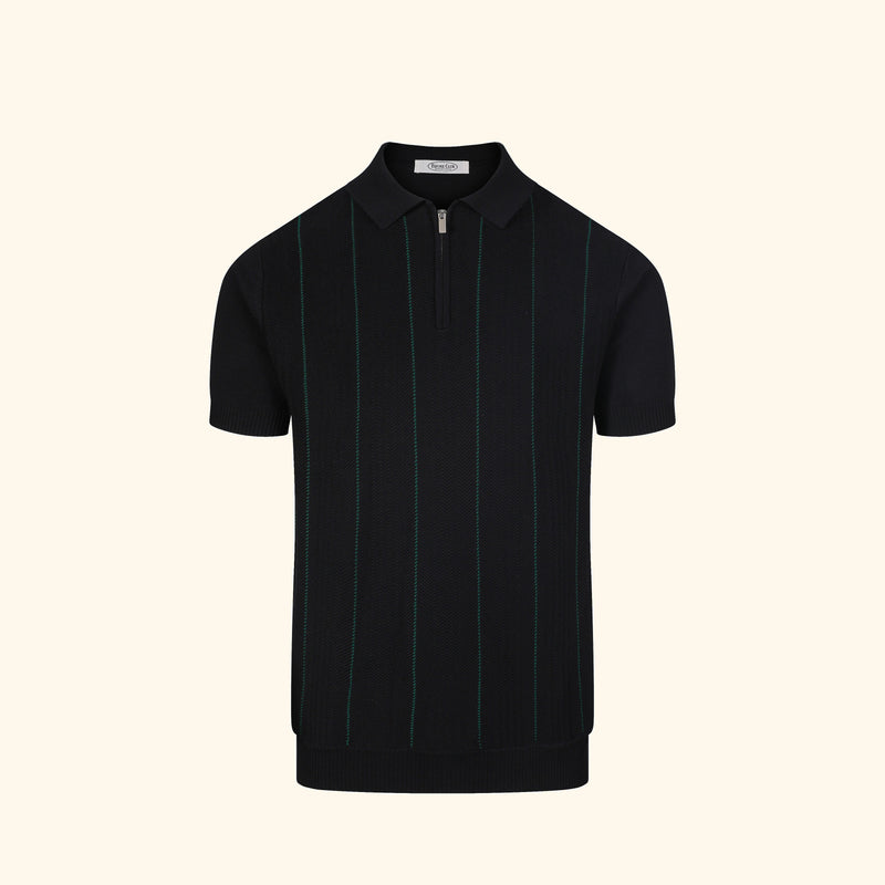 Capri knit polo in Ink, front view, fine ribbed body, short zip