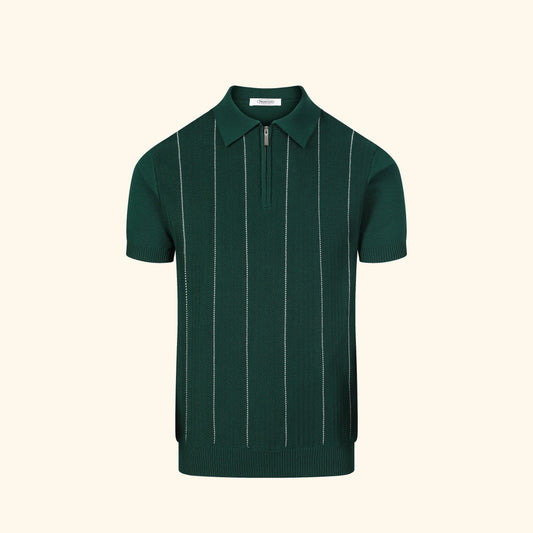 Capri knit polo in Cypress, front view, fine ribbed body, short zip