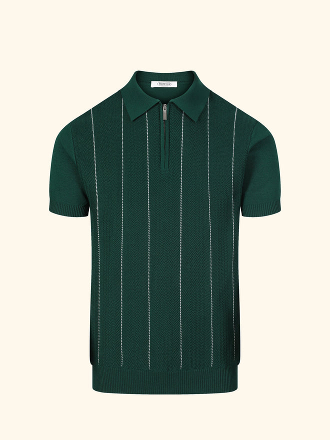 Capri knit polo in Cypress, front view, fine ribbed body, short zip