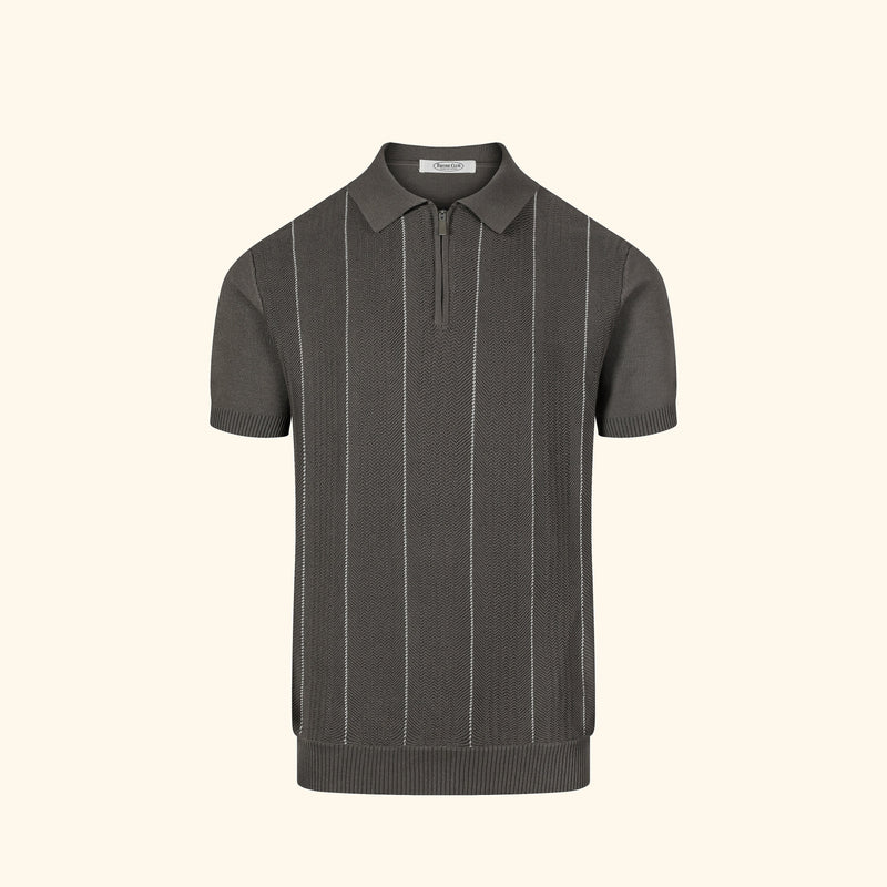 Capri knit polo in Olive, front view, fine ribbed body, short zip