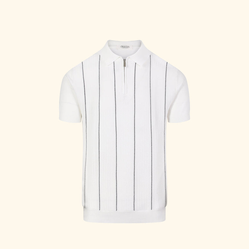 Capri knit polo in Ivory, front view, fine ribbed body, short zip