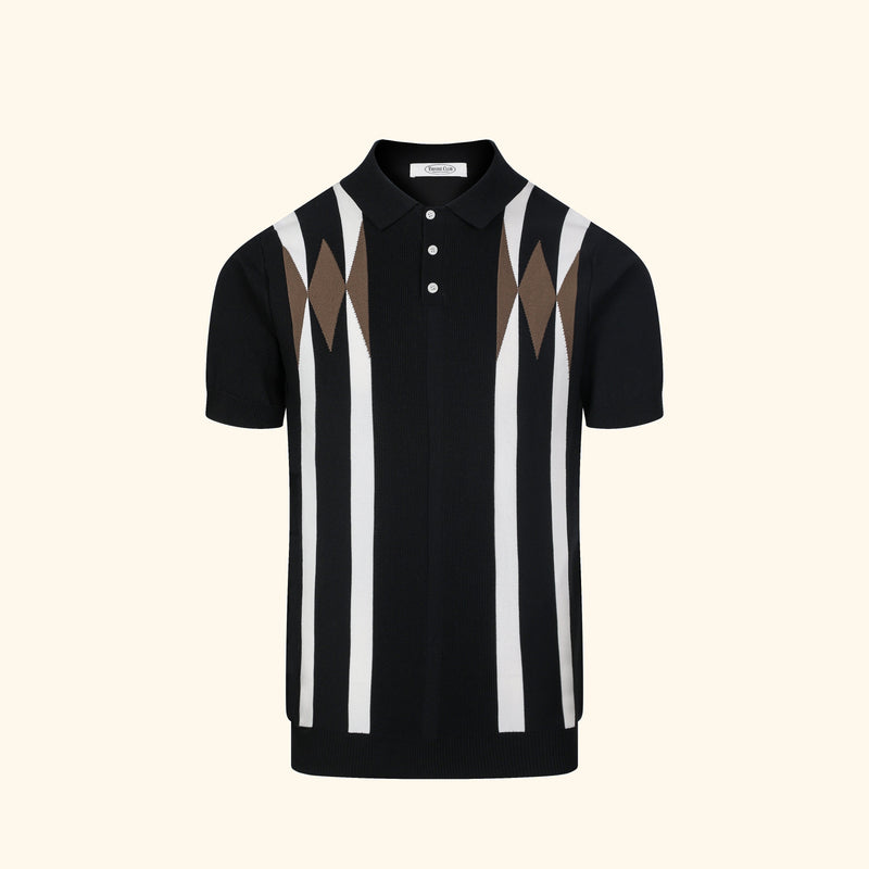 Formentera knit polo in Ink, front view, diamond panel, buttoned placket
