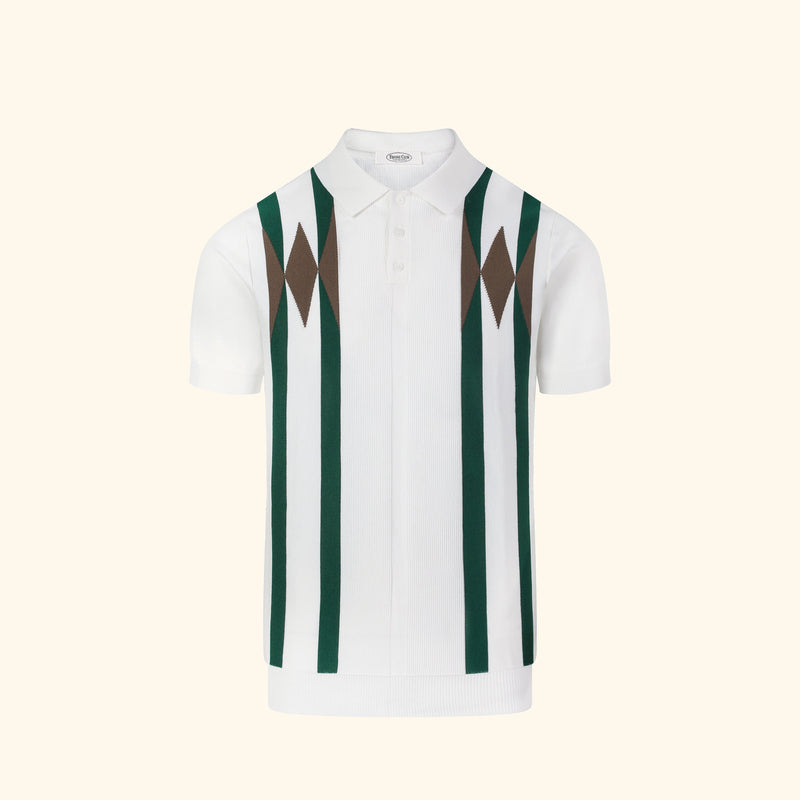 Formentera knit polo in Ivory, front view, diamond panel, buttoned placket