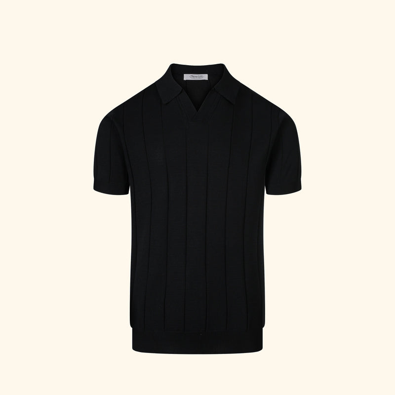 Ibiza knit polo in Ink, front view, ribbed body, open v collar