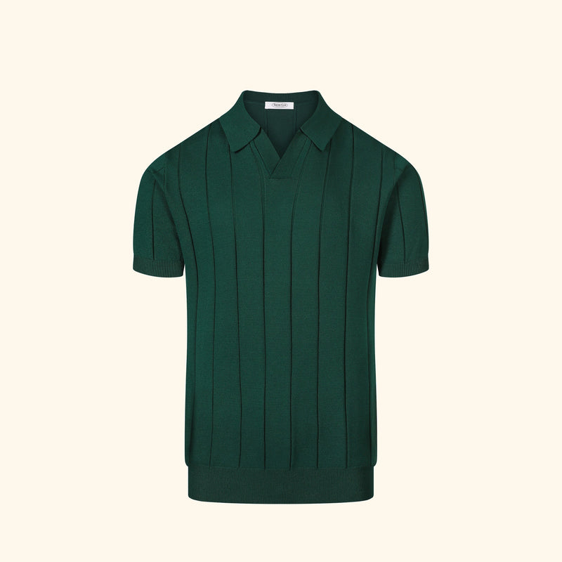 Ibiza knit polo in Cypress, front view, ribbed body, open v collar