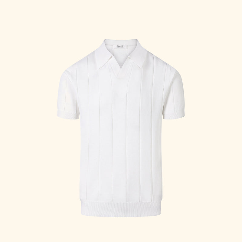 Ibiza knit polo in Ivory, front view, ribbed body, open v collar