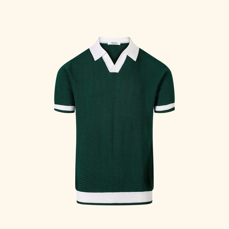 Malibu knit polo in Cypress, front view, chevron texture, open v collar