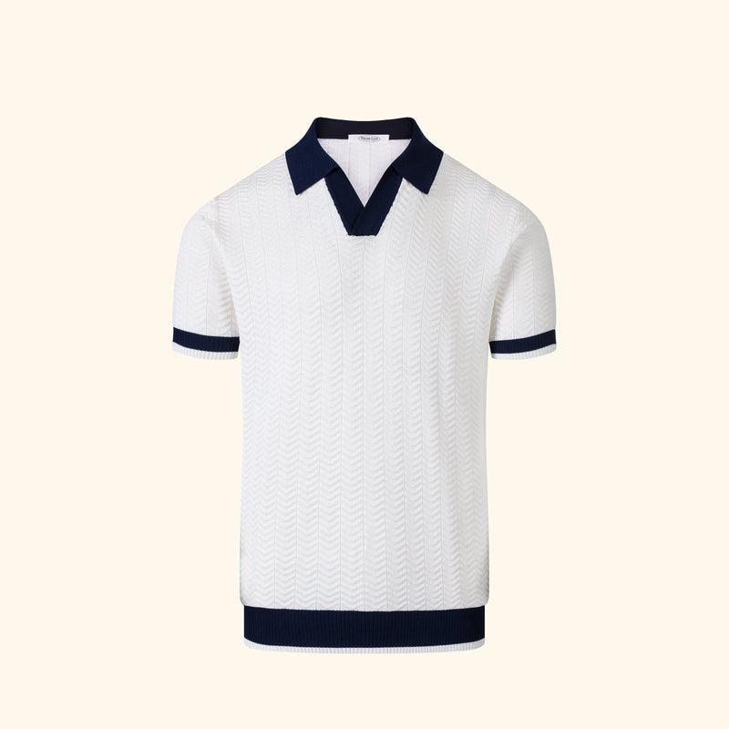 Malibu knit polo in Ivory, front view, chevron texture, open v collar