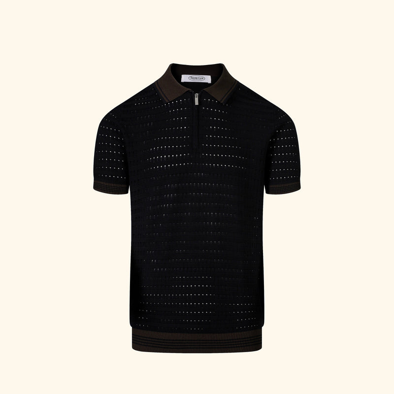 Monte Carlo knit polo in Ink, front view, waffle texture, short zip
