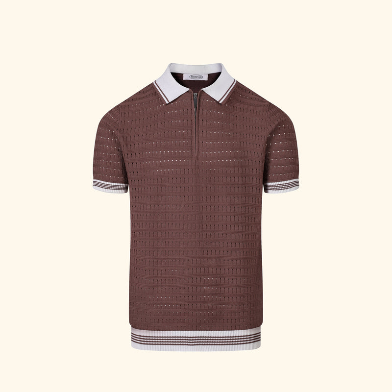 Monte Carlo knit polo in Terracotta, front view, waffle texture, short zip