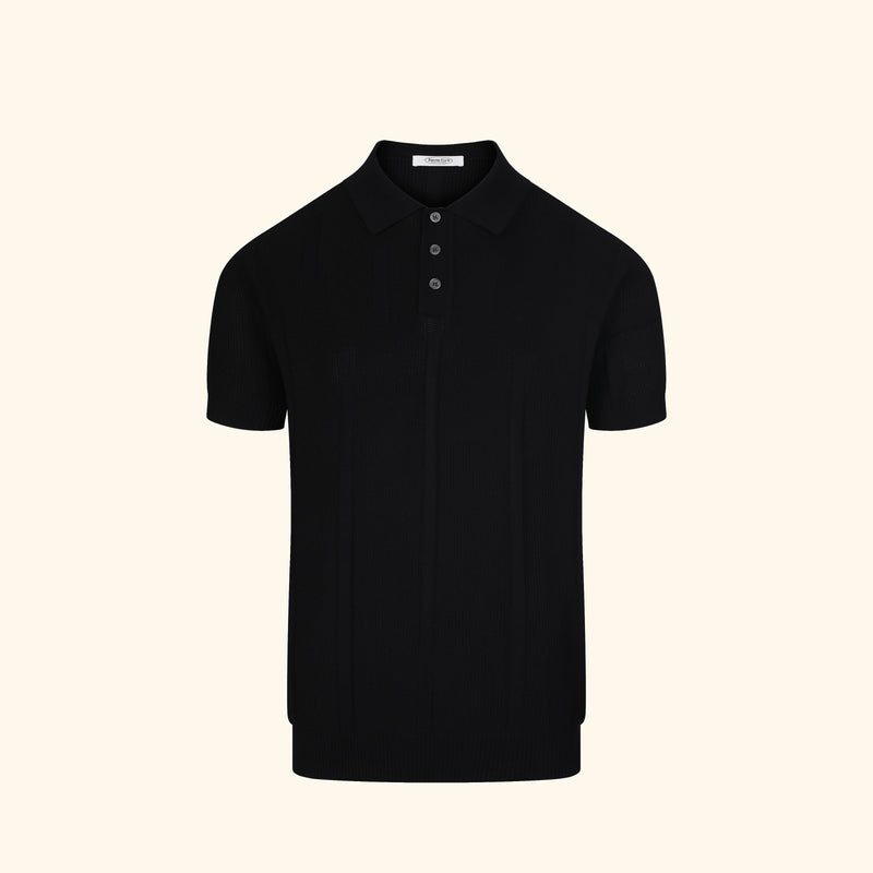 Positano knit polo in Ink, front view, plain fine knit, buttoned placket