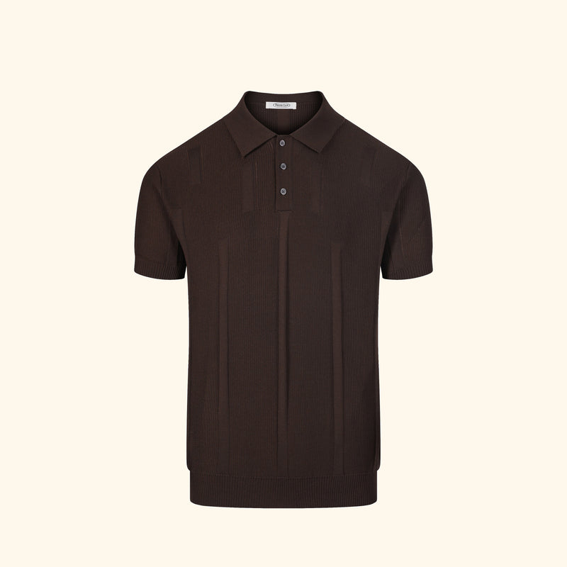 Positano knit polo in Espresso, front view, plain fine knit, buttoned placket