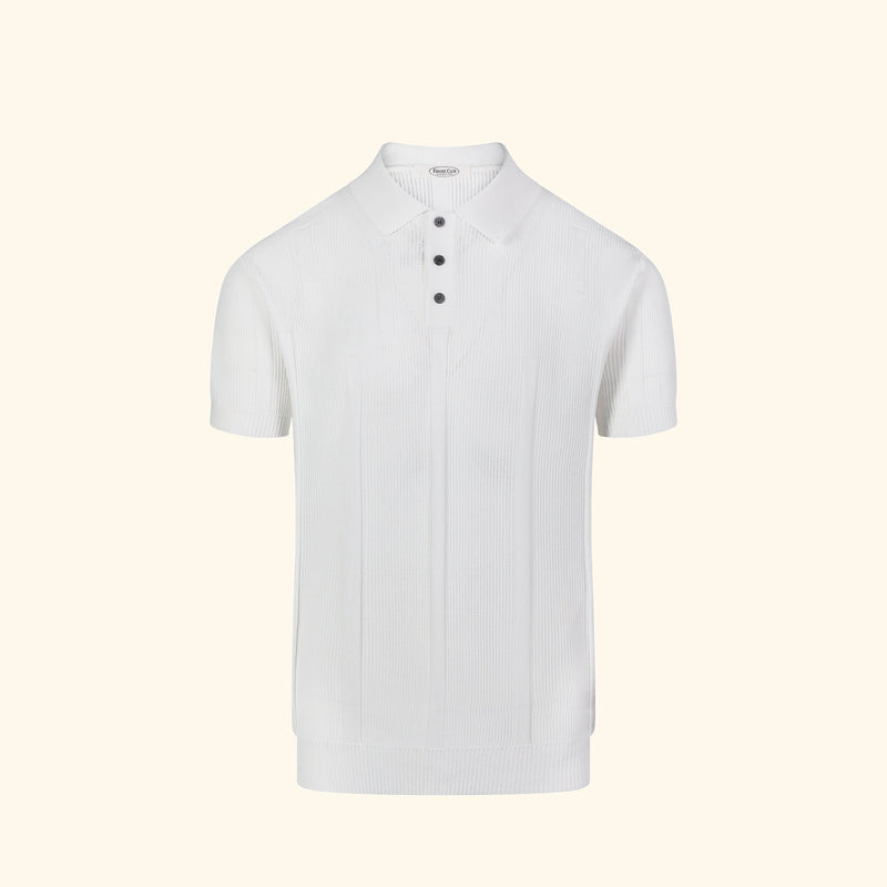 Positano knit polo in Ivory, front view, plain fine knit, buttoned placket