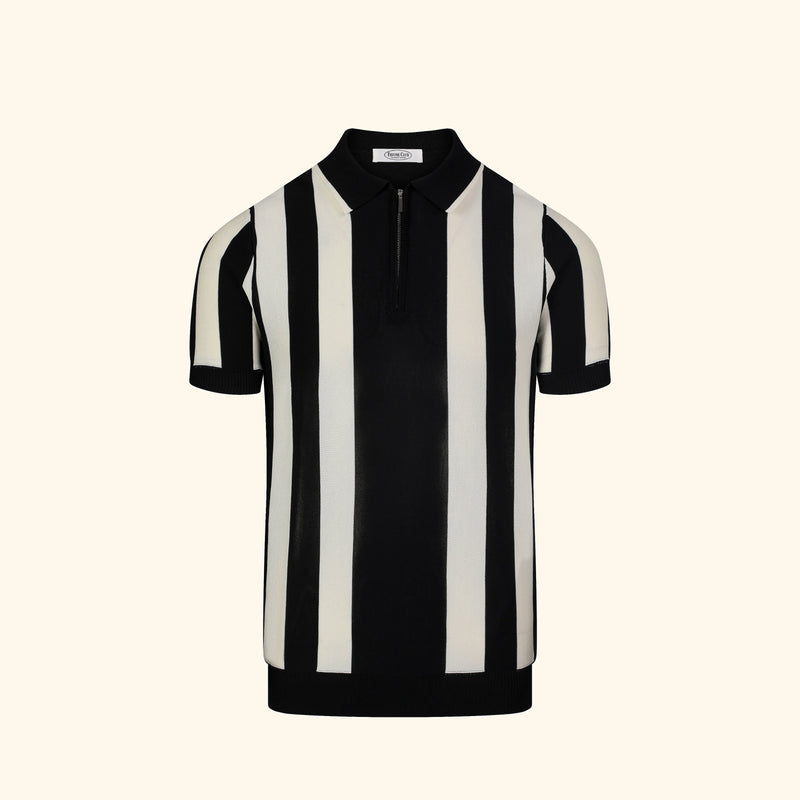 Portofino knit polo in Ink, front view, wide vertical panel, short zip