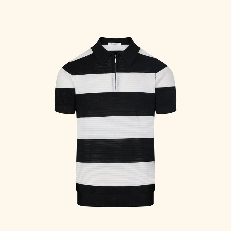 Santorini knit polo in Ink, front view, wide block stripe, short zip