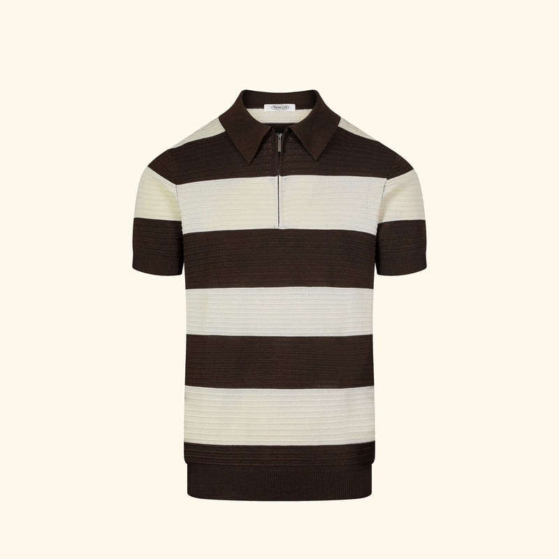 Santorini knit polo in Espresso, front view, wide block stripe, short zip