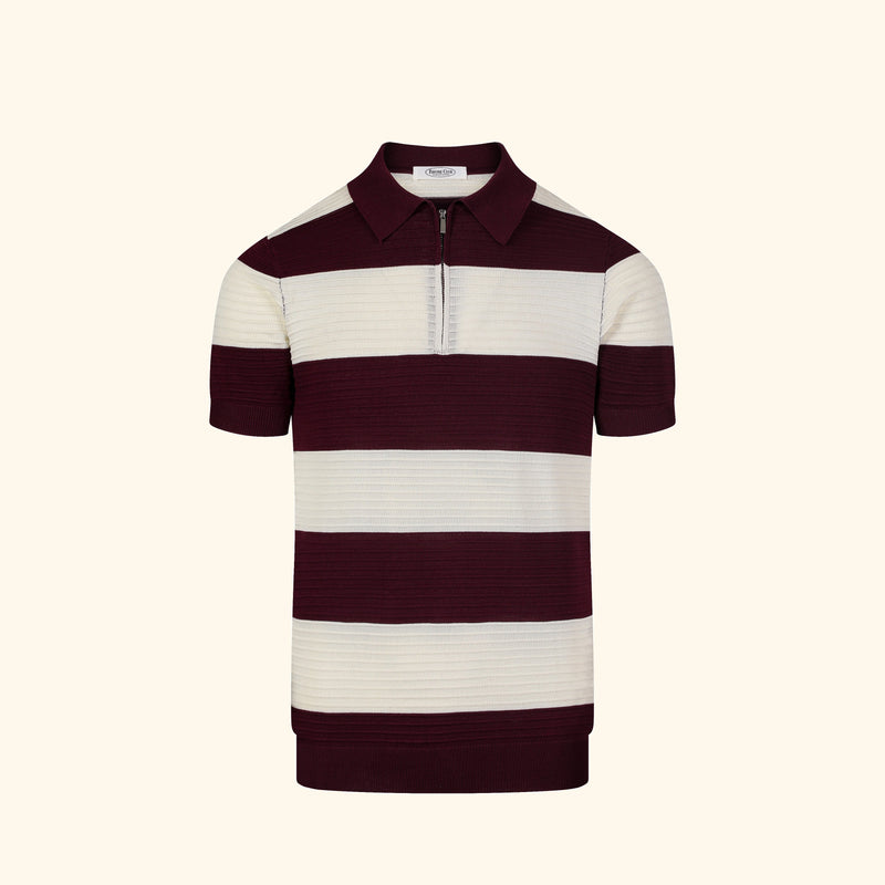 Santorini knit polo in Burgundy, front view, wide block stripe, short zip