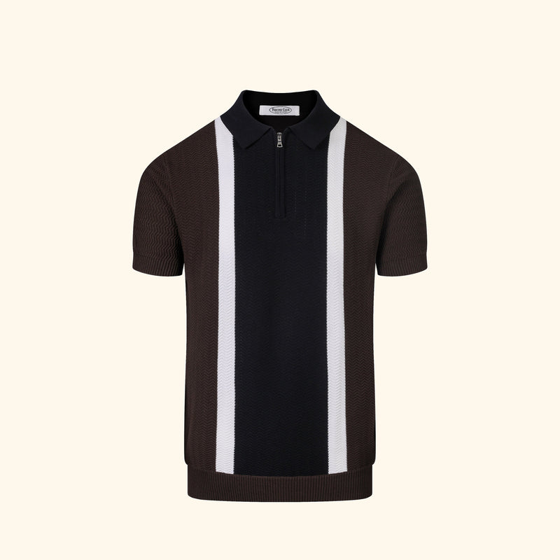 Saint-Barth knit polo in Espresso, front view, contrast centre panel, short zip