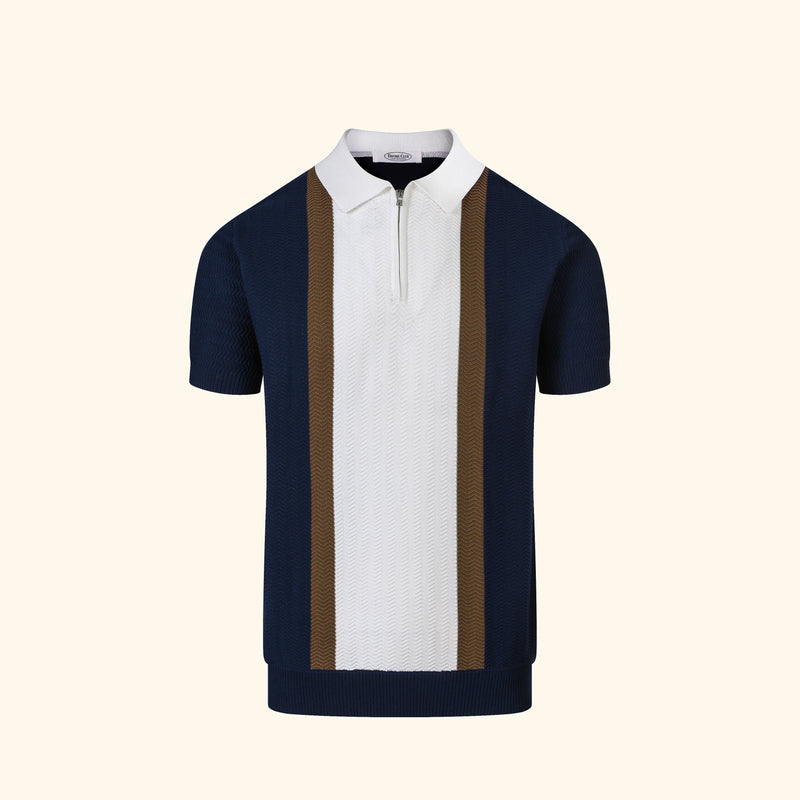Saint-Barth knit polo in Navy, front view, contrast centre panel, short zip
