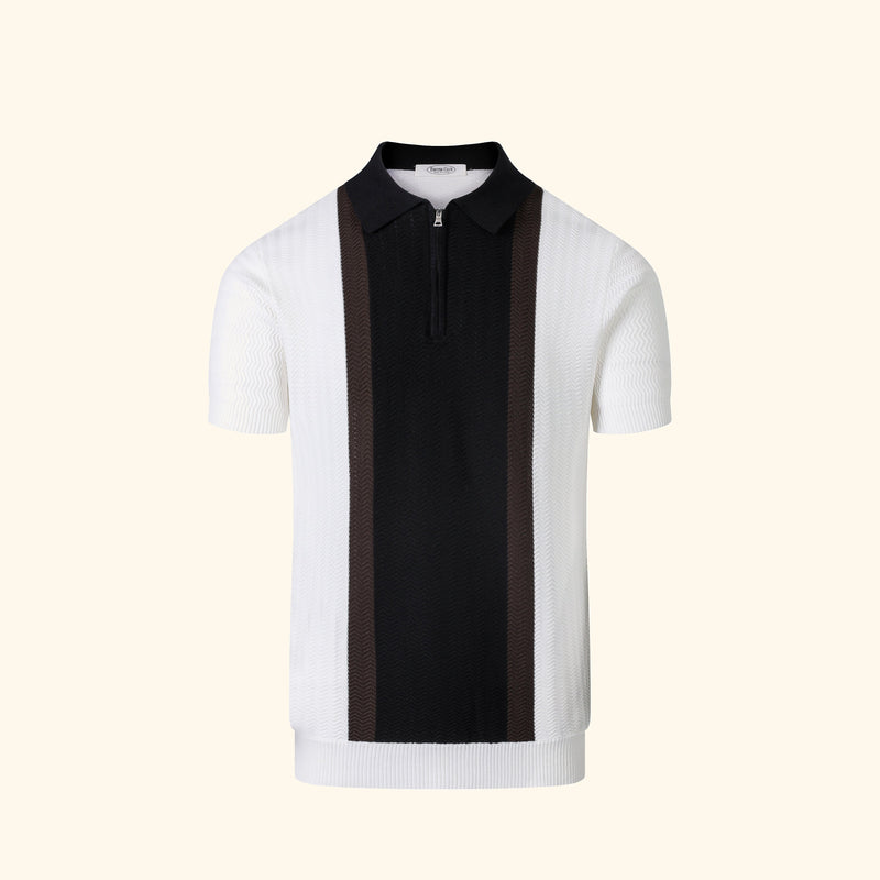 Saint-Barth knit polo in Ivory, front view, contrast centre panel, short zip