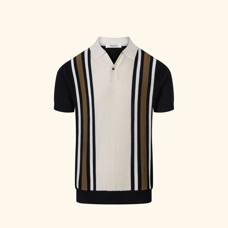 Taormina knit polo in Ink, front view, vertical panel on cream, single button
