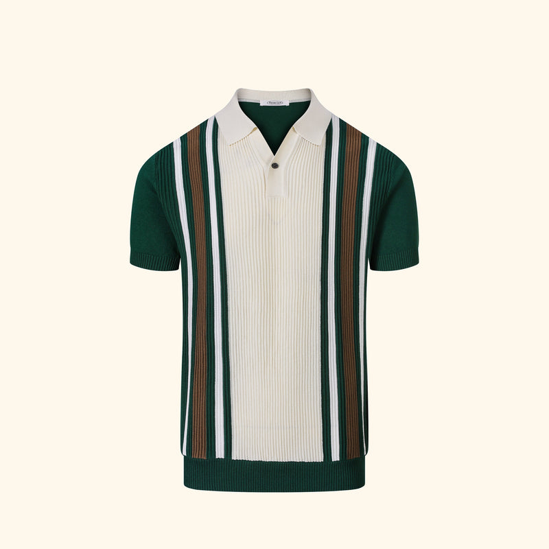 Taormina knit polo in Cypress, front view, vertical panel on cream, single button