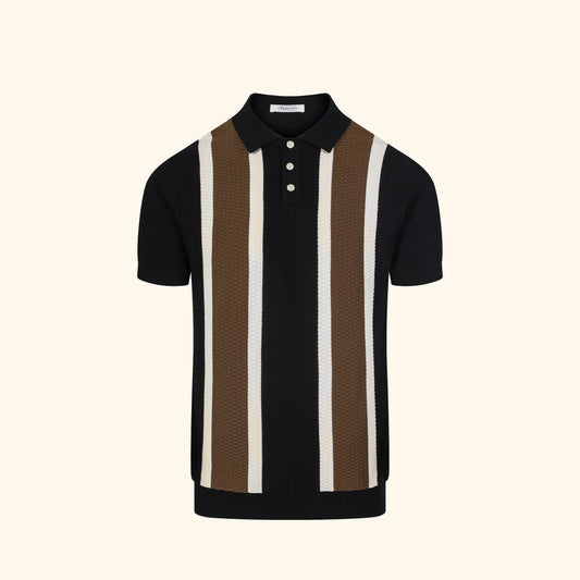 Tulum knit polo in Ink, front view, broad vertical panel, buttoned placket