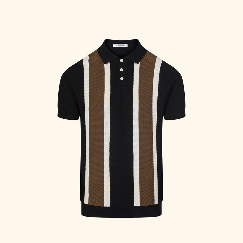 Tulum knit polo in Ink, front view, broad vertical panel, buttoned placket