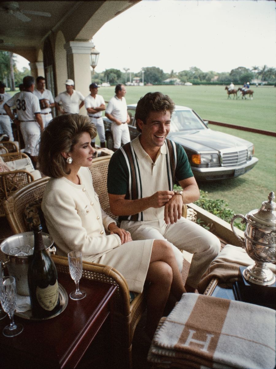 Two men wearing knit polos on a terrace