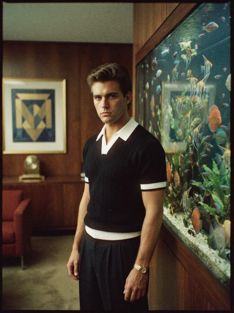 A knit polo with a contrast collar, indoors